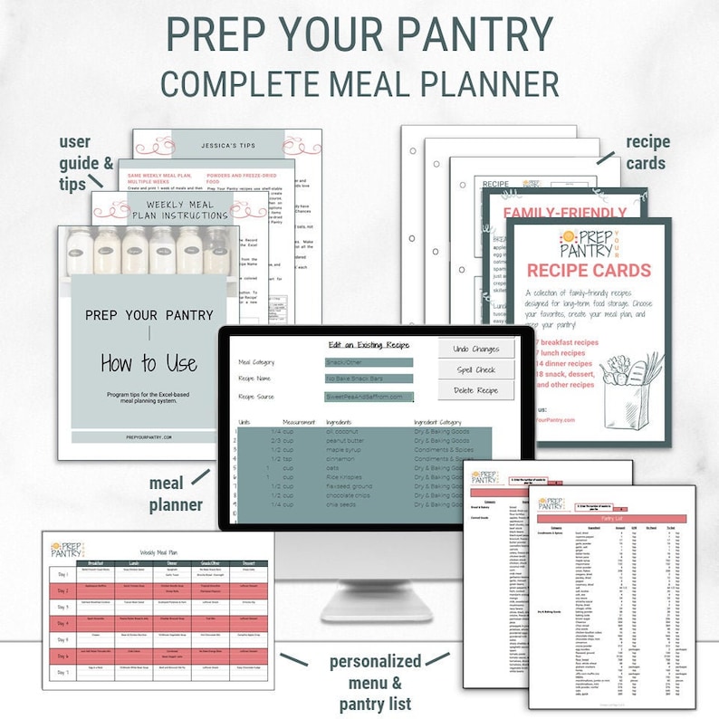 May include: A digital planner for meal planning, featuring a printable meal planner, recipe cards, and a pantry list. The planner includes a user guide, tips, and a personalized menu and pantry list.