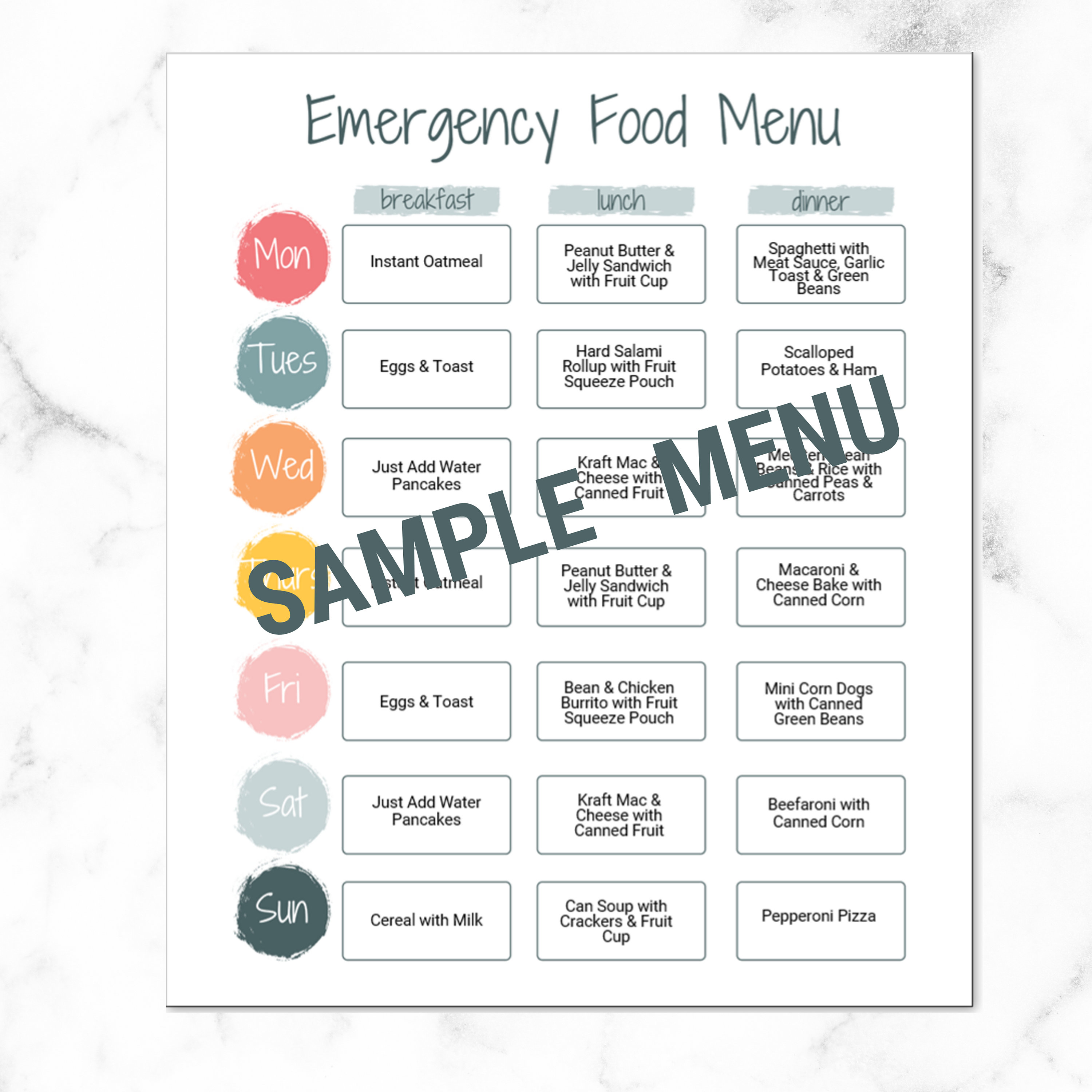Emergency Food Meal Planner Weekly Food Menu Editable Etsy España