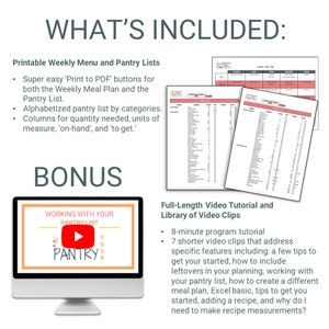 May include: A digital illustration of a computer screen showing a video tutorial on how to work with a pantry list. The video tutorial is titled "Working with Your Pantry List". The image also includes a list of features included in the product, such as printable weekly menu and pantry lists, and a full-length video tutorial and library of video clips.