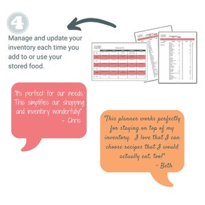 May include: A printable meal planning and inventory tracker with a weekly meal plan, a grocery list, and a pantry inventory list. The text on the image reads "It's perfect for our needs. This simplifies our shopping and inventory wonderfully!" and "This planner works perfectly for staying on top of my inventory. I love that I can choose recipes that I would actually eat, too!"