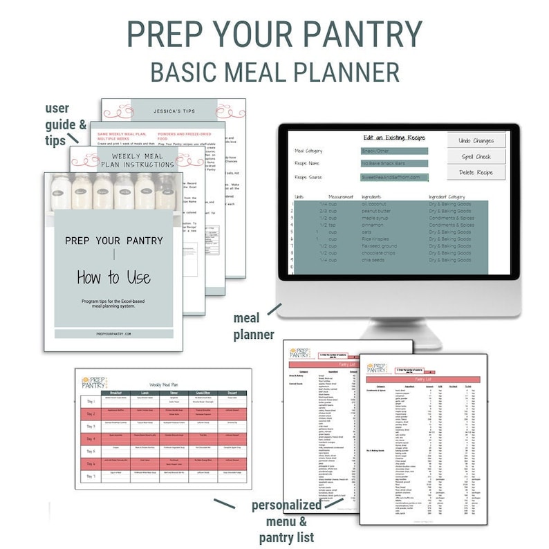 May include: A digital meal planner with a screen showing a recipe for "Sweet Potato Brownies". The screen is on a computer monitor with a white background. The image also shows a printed weekly meal plan, a "Prep Your Pantry" guide, and a personalized menu and pantry list.