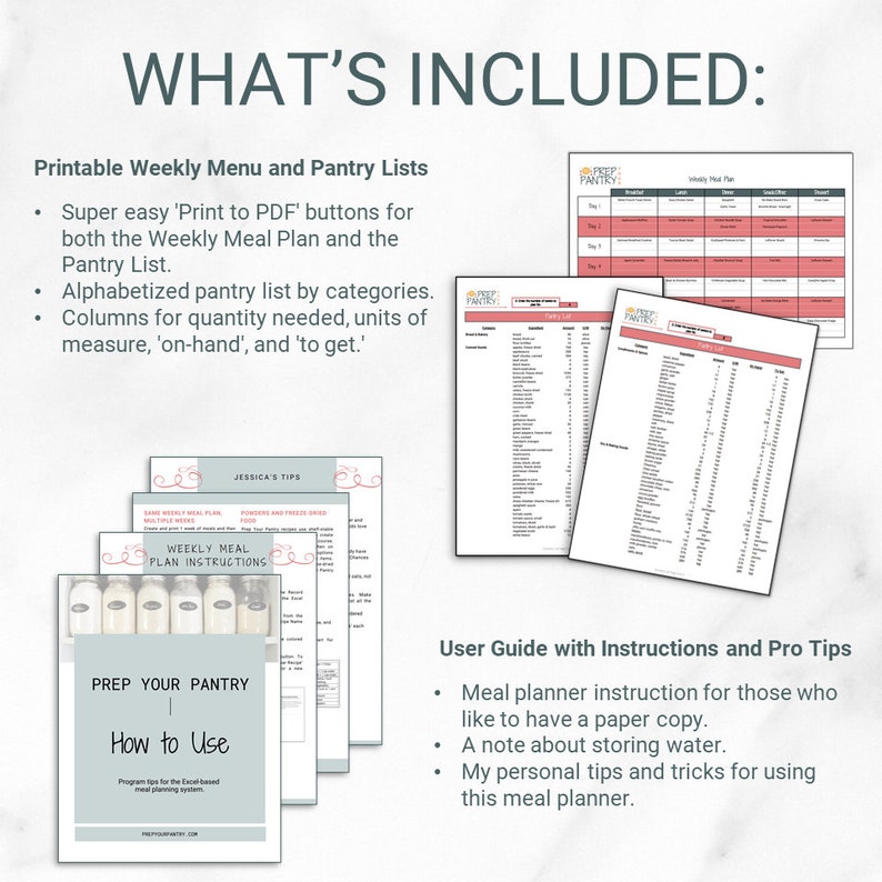 May include: A printable weekly meal planner and pantry list with instructions and pro tips. The planner includes a weekly meal plan, a pantry list, and a user guide with instructions and pro tips. The planner is designed to help people plan their meals and organize their pantry.