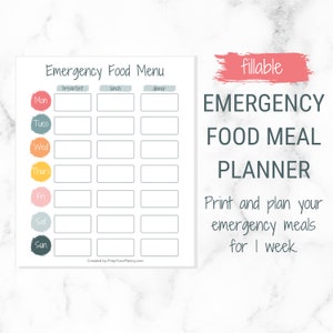 Emergency Food Meal Planner - Weekly Food Menu - Editable, Printable PDF - lnstant Download