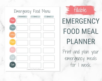 Emergency Food Meal Planner - Weekly Food Menu - Editable, Printable PDF - lnstant Download