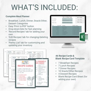 May include: A printable meal planner with 46 recipe cards and a blank recipe card template. The planner includes tabs for 'Record Recipes', 'Edit Recipes', and 'Pantry List'. The recipe cards are colorfully illustrated with a green, brown, and white color scheme.