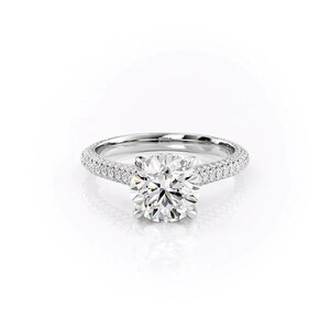 Pave Set Side-Stone Round Moissanite Engagement Ring / Solid Gold Moissanite Ring for Women / Promise Ring