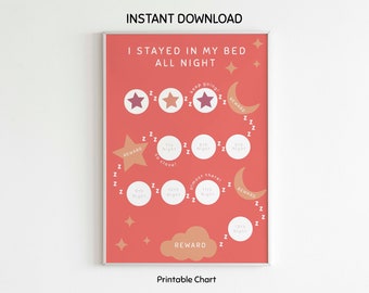 May include: A coral-colored printable reward chart titled I STAYED IN MY BED ALL NIGHT. The chart features a winding path of white circles marked with night numbers, interspersed with Z symbols, star icons, moon shapes, and cloud-shaped reward labels.