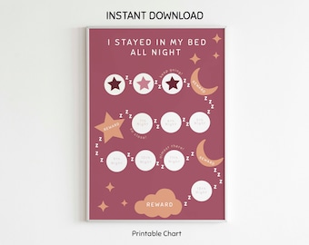 May include: A maroon reward chart titled I STAYED IN MY BED ALL NIGHT with white circles for tracking progress. The design features stars, moons, and clouds with the text REWARD, keep going, so close, and almost there, along with Z symbols.