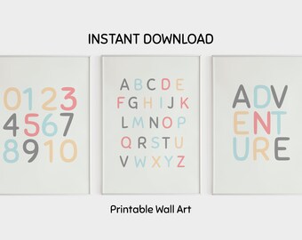Set Of 3 Wall Art Prints | Number Prints For Nursery| Number Printables | Alphabet print nursery | Set Of 3 Educational Prints | Print A2