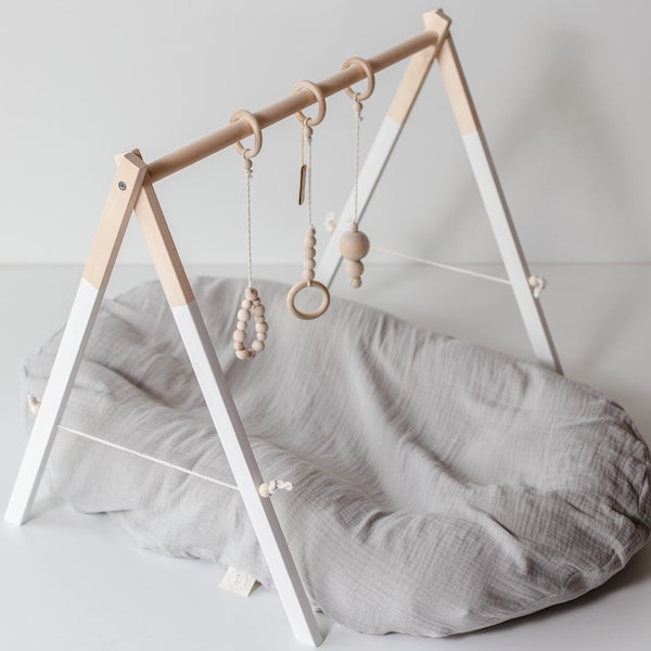 Wooden baby gym, Play gym for baby, White long painted Birch
