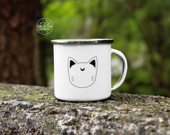 12oz Enamel Mug Camper | Minimalist White Moon Cat Anime Graphic Print Coffee Mug | Nerdy Gift Camping Mug | WHITE