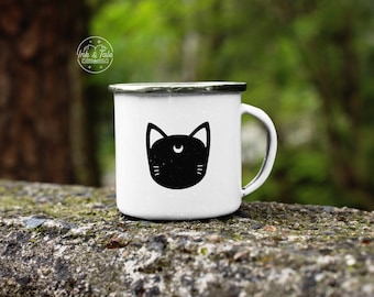 12oz Enamel Mug Camper | Minimalist Black Moon Cat Anime Graphic Print Coffee Mug | Nerdy Gift Camping Mug | WHITE