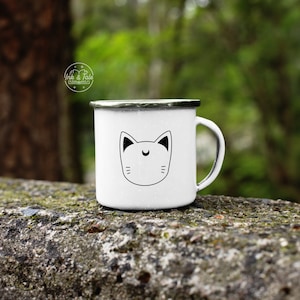 12oz Enamel Mug Camper | Minimalist White Moon Cat Anime Graphic Print Coffee Mug | Nerdy Gift Camping Mug | WHITE