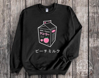 Aesthetic Japanese Peach Milk Crewneck | KAWAII Graphic Print Sweater | Heavy Blend Sweatshirt | Perfect Gift | Unisex Sweater | BLACK