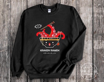 Aesthetic Kraken Ramen Crewneck | KAWAII Graphic Print Sweater | Heavy Blend Sweatshirt | Perfect Gift | Unisex Sweater | BLACK