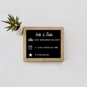 May include: A black chalkboard with a wooden frame, advertising "Ink & Tale" with the text "Fast Worldwide Delivery", "1-3 Day Dispatch Time", and "5 Star Seller".