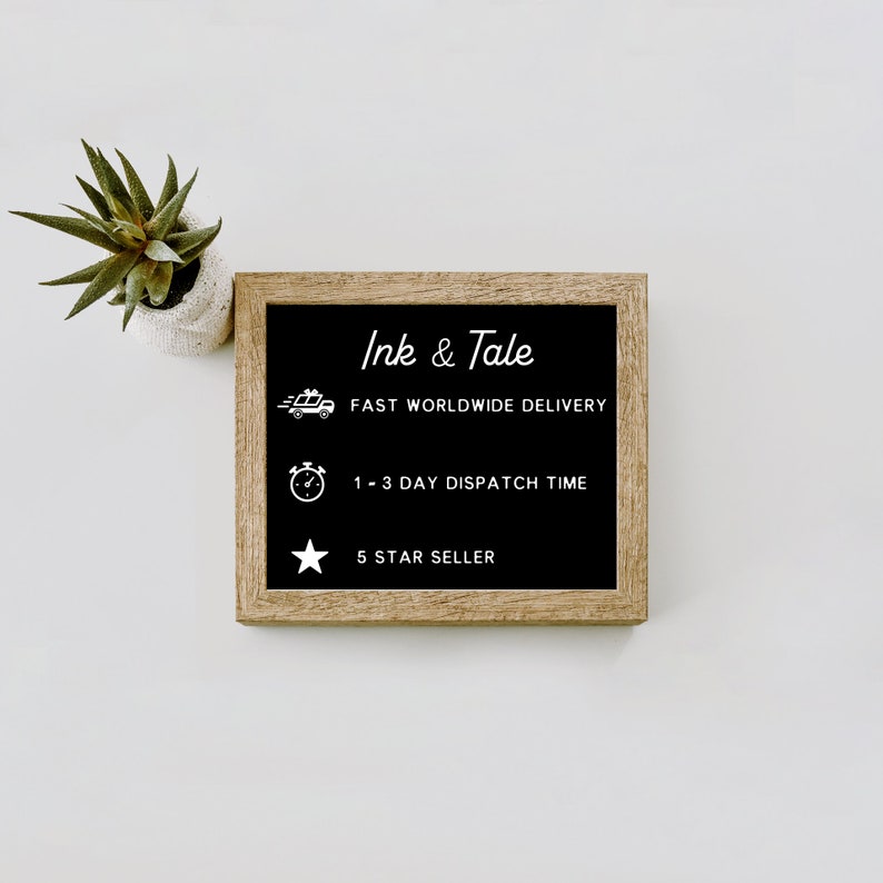 May include: A black chalkboard with a wooden frame, advertising "Ink & Tale" with the text "Fast Worldwide Delivery", "1-3 Day Dispatch Time", and "5 Star Seller".
