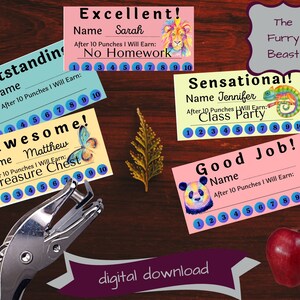 Kids Reward Punch Cards, Habit Tracker, School Reward Coupon, Tickets, Behavior Card, Classroom Incentive, Teacher Printable, Back To School