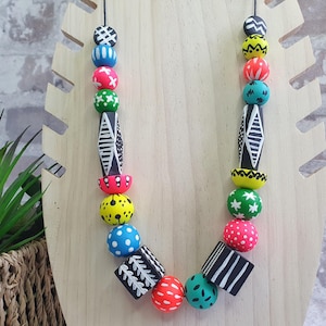 Statement chunky necklace.Multicoloured necklace.Handpainted necklace.Geometrical necklace.Neon pink yellow necklace.Bold bright necklace.