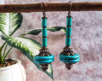 Statement Ohrringe antik bronze / Türkis Ohrringe / baumeln Ohrringe / Howlith Ohrringe / Strass Ohrringe / Boho Ohrringe / rustikale Ohrringe /