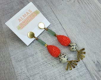 statement boho earring.summer jewellery.dalmation jasper avurentin earring.brass charm earring.bright bead dangle earring.colourful earring.