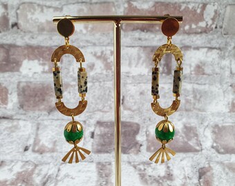 statement raw brass green jade dalmation semi circle gemstone earings gift for her
