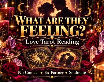 Puede incluir: Dos cartas de tarot con imágenes celestiales y románticas descansan sobre una superficie oscura rodeada de rosas rojas, velas encendidas y cristales. El texto dice: WHAT ARE THEY FEELING? Love Tarot Reading. No Contact, Ex Partner, Soulmate.
