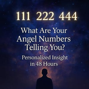 May include: A dark blue background with a starry sky and a silhouette of a person standing in the center. The text "111 222 444 What Are Your Angel Numbers Telling You? Personalized Insight in 48 Hours" is displayed in yellow.