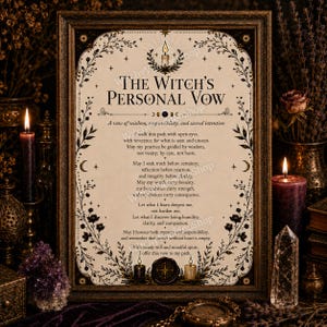 May include: A framed print titled The Witch's Personal Vow, featuring black text on a cream background. The design includes botanical illustrations, stars, moons, and a central candle icon. The text outlines a vow of wisdom and sacred intention.