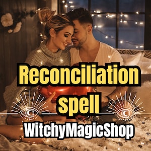Könnte beinhalten: Ein Paar hält einen roten herzförmigen Ballon mit dem Text "Reconciliation spell" in gelben Buchstaben und dem Text "WitchyMagicShop" in gelben Buchstaben darunter.