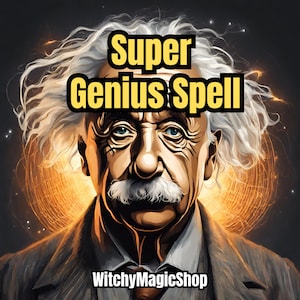 May include: A digital illustration of Albert Einstein with a white background and the text "Super Genius Spell" in yellow letters. The text "WitchyMagicShop" is in the bottom center of the image.