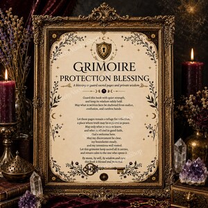 May include: A rectangular wall art print titled GRIMOIRE PROTECTION BLESSING in a decorative gold frame. The parchment-style paper features black text, a shield with a keyhole, floral borders, and a key illustration at the bottom.