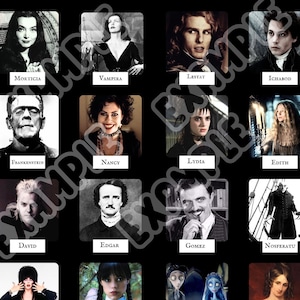 Peut inclure: Un collage de 16 images repr&eacute;sentant des personnages de films et de livres d'horreur populaires. Les personnages incluent Morticia, Vampira, Lestat, Ichabod, Frankenstein, Nancy, Lydia, Edith, David, Edgar, Gomez, Nosferatu, et d'autres.