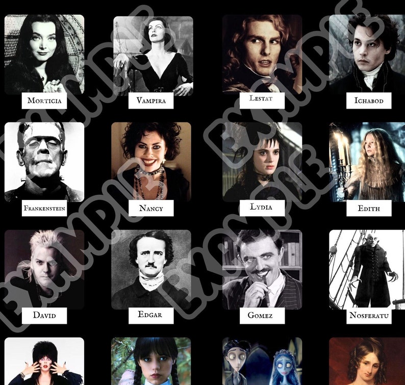 Peut inclure: Un collage de 16 images repr&eacute;sentant des personnages de films et de livres d'horreur populaires. Les personnages incluent Morticia, Vampira, Lestat, Ichabod, Frankenstein, Nancy, Lydia, Edith, David, Edgar, Gomez, Nosferatu, et d'autres.