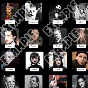 Peut inclure: Un collage de 16 images repr&eacute;sentant des personnages de films et d'&eacute;missions de t&eacute;l&eacute;vision d'horreur populaires. Les personnages incluent Vlad, Elizabeth, Jack, Lily, Louis, Pubert, Bram, Thing, Fester, Mavis, Vince, Lisbeth, et plus encore.