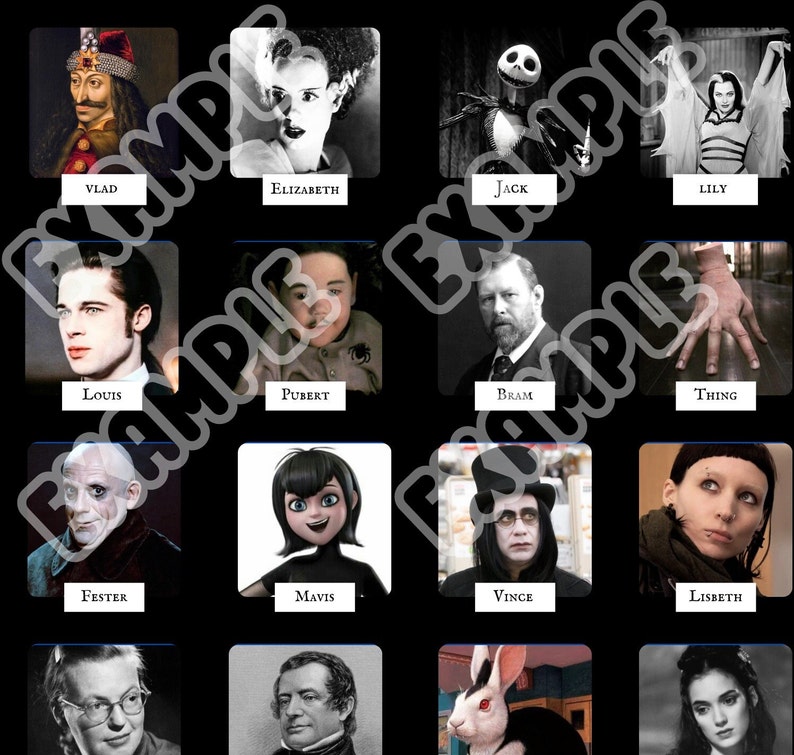 Peut inclure: Un collage de 16 images repr&eacute;sentant des personnages de films et d'&eacute;missions de t&eacute;l&eacute;vision d'horreur populaires. Les personnages incluent Vlad, Elizabeth, Jack, Lily, Louis, Pubert, Bram, Thing, Fester, Mavis, Vince, Lisbeth, et plus encore.