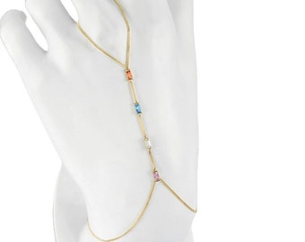 14K Gold Colorful Baguette Station Hand Chain Bracelet -Vintage Slave Bracelet -Gemstone Finger Link Chain  Bracelet- Wedding Gift Her