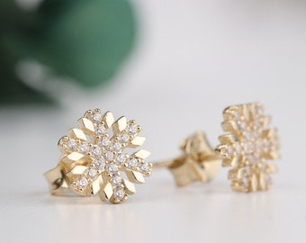 Solid Gold Cz Snowflake Earrings