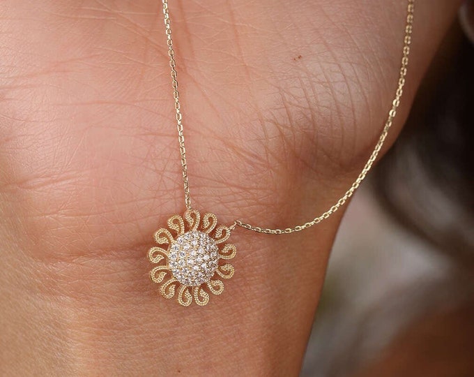 14K Gold CZ Sunflower Pendant