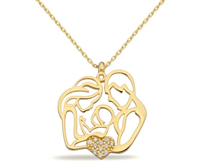 14K Gold Mom Dad Baby Necklace