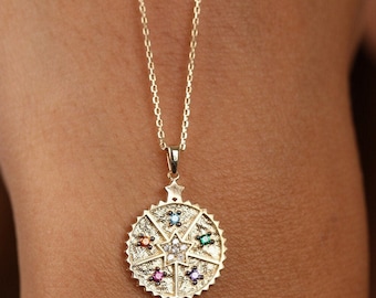 14K Solid Gold Compass Star Necklace