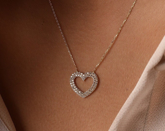 14K Gold Open Heart Necklace W/ Pave CZ - Dainty Heart Pendant - Minimalist Jewelry - Romantic Gift - Birthday Gift - Gift for Her