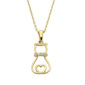 14K Gold Cat Necklace: CZ Pendant, Minimalist Kitty Jewelry