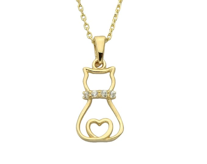 Solid Gold  Cz Cat Necklace