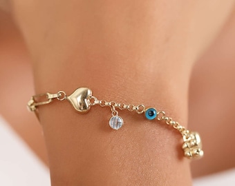 14K Gold Paperclip Chain W/ Puffy Hearts &Star