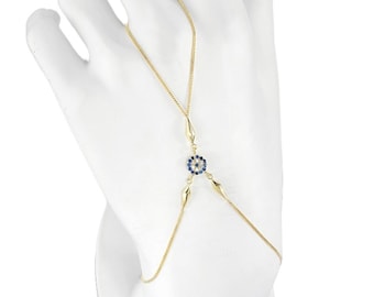 14K Solid Gold Evil Eye Hand Chain Bracelet- Vintage Cz Evil Eye Slave Bracelet- Trendy Hand chain- Mother's Day Gift- Wedding Gift