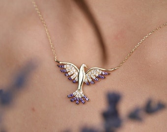 14K Gold Cz Purple Bird Necklace