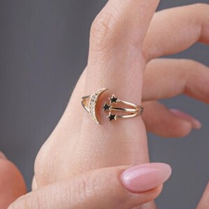 14K Gold CZ Moon and Star Ring: Celestial Open Band Ring