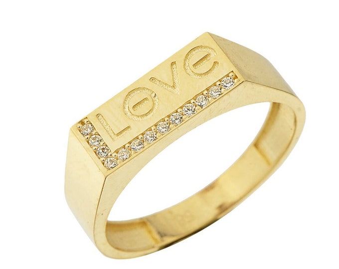 14K Gold Love Print Word Signet Ring