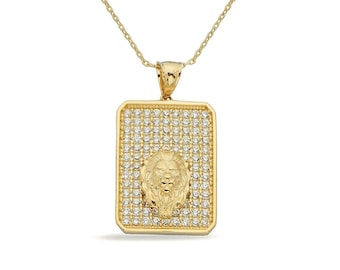 14K Gold Square Cz Lion Head Necklace- Vintage Gold Lion Pave Pedant- Vintage Square Lion Pendant For Her or Him- Father's Day Gift